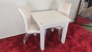 4 PC WHITE DINING SET COMPRISING SQUARE EXTENDABLE TABLE, 2 LEATHER LOOK CHAIRS AND A BENCH (