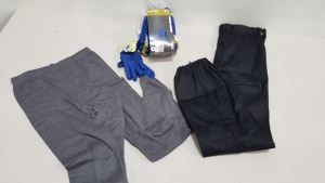 MIXED LOT CONTAINING 7 X PAIRS OF BLACK WORK PANTS IN VARIOUS STYLES/SIZES AND APPROX 132 PAIRS OF BRAND NEW HYFLEX OIL REPELLENT WORK GLOVES
