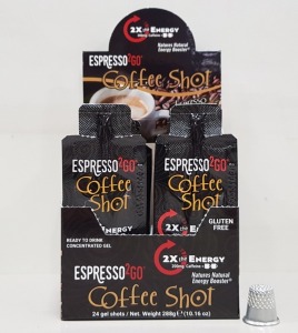 384 X BRAND NEW EXPRESSO TO GO MACCHIATO COFFEE SHOTS 12G IN COUNTER DISPLAY BOXES IDEAL FOR GYMS AND HEALTHY ACTIVITIES ON THE GO IN 4 BOXES