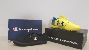 7 PIECE TRAINER LOT CONTAINING 5 X UNDER ARMOUR SPOT LIGHT TF JUNIOR TRAINERS SIZE 5.5 AND 6 AND 2 X BLACK CHAMPION HUNTINGTON CANVAS LOW JUNIOR SHOES