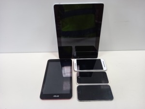 5 PIECE LOT (ALL FOR SPARES) 1 X APPLE IPAD TABLET 1 X ASUS TABLET 2 X IPHONES 1 X MOTOROLA SMART PHONE
