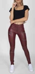 12 X BRAND NEW HUGZ JEANS DESIGNER BRANDED FAUX LEATHER PANTS IE. 7 X WINE COL FAUX LEATHER BIKER PANTS HIGH WAIST SIZE 8 - S - IN INDIVIDUAL BAGS WITH TAGS - BARCODE 1119998884022, 1 X BLACK BIKER SIZE XL - 14, 1 X WINE SIZE M - 10, 3 X BLACK SIZE S - 8