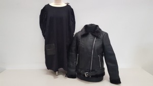 21 PIECE CLOTHING LOT CONTAINING 2 X TOPSHOP LEATHER STYLED FAUX FUR COATS UK SIZE 12 RRP £65.00 AND 19 X DOROTHY PERKINS BLACK POCKET DRESSES UK SIZE 22 AND 26 RRP £25.00