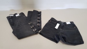 13 PIECE TOPSHOP JEAN AND SHORT LOT CONTAINING 9 X MOM CHARCOAL DENIM SHORTS UK SIZE 8 RRP £32.00 AND 4 X GREY BUCKLED PANTS UK SIZE 16 RRP £65.00