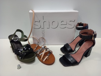 33 X BRAND NEW MIXED TOPSHOP SHOE LOT CONTAINING SUKI BLACK HEELS, AGGY BLACK BOOTS, LOTUS KHAKI HEELED SHOES, FIZZY STRAPPED SANDALS ETC