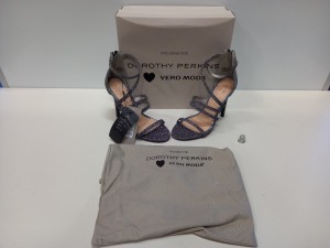 23 X BRAND NEW DOROTHY PERKINS SILVER HEELED SANDALS UK SIZE 3 RRP £55.00 (PLEASE NOTE 2 BOXES SLIGHTLY DAMAGED)