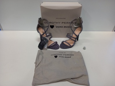 23 X BRAND NEW DOROTHY PERKINS SILVER HEELED SANDALS UK SIZE 3 RRP £55.00 (PLEASE NOTE 2 BOXES SLIGHTLY DAMAGED)