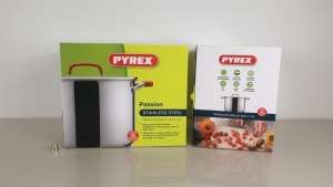 6 X PYREX PASSION STAINLESS STEEL STOCKPOTS WITH GLASS LIDS 24CM 7.8 LITRE CAPACITY - IN 3 CARTONS