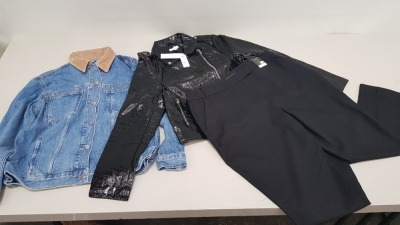 35 PIECE CLOTHING LOT CONTAINING TOPSHOP FAUX FUR HOODED COAT, TOPSHOP CROCODILE SKIN EFFECT JACKET, TOPSHOP LEATHER STYLED PANTS AND TOPSHOP DENIM JACKET ETC