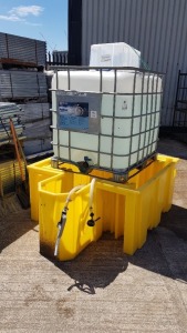 PALLET TUB CONTAINING 850L OF ADBLUE WITH YELLOW 1100L SUMP CAPACITY BUNG AND DISPENSER HOSE