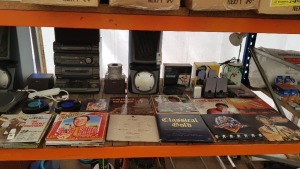 LARGE QUANTITY RECORD/MUSIC LOT CONTAINING VARIOUS RECORDS, STEREOS, SPEAKERS, SONY RECORD PLAYER, DIGITAL PHOTO FRAME ETC