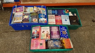 LARGE QUANTITY OF BOOKS IN 3 TRAYS IE CATHERINE COOKSON, JUDITH LENNOX, DAVID EDDINGS, ALICE WALKER, W.STANLEY MOSS ETC