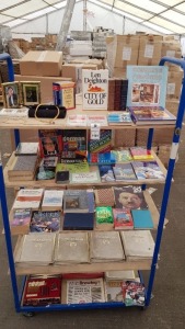 LARGE QUANTITY OF BOOKS ON 5 SHELVES CONTAINING HUMOROUS STORIES, CITY OF GOLD, NEW ENGLISH ENCYCLOPEDIA, GERMAN LANGUAGE BOOKS, GOLD COLOURED BRACELET, NECKLACE AND EARING ETC
