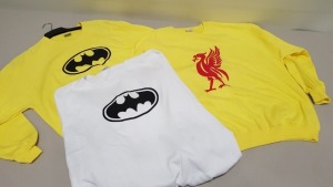50 PIECE CLOTHING LOT CONTAINING YELLOW BATMAN JUMPERS, YELLOW LIVERPOOL JUMPERS AND WHITE BATMAN JUMPERS