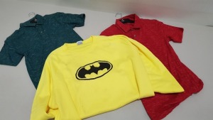 50 PIECE MIXED CLOTHING LOT CONTAINING DUNNES RED POLO SHIRTS AND GREEN POLOS AND YELLOW BATMAN JUMPERS