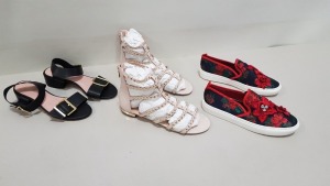 14 PIECE MIXED TOPSHOP SHOE LOT CONTAINING HIGHER NUDE SANDALS, TESSA RED TRAINERS AND DARE BLACK SANDALS ETC