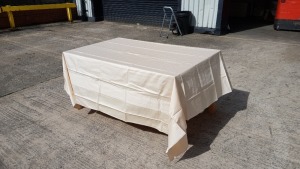 40 X BRAND NEW SAND SATIN POLYESTER TYPE TABLECLOTHS 230CM X 230CM - IN 2 TRAYS (NOT INCLUDED)
