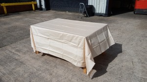 40 X BRAND NEW SAND SATIN POLYESTER TYPE TABLECLOTHS 230CM X 230CM - IN 2 TRAYS (NOT INCLUDED)