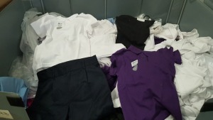 FULL PALLET CONTAINING VARIOUS ITEMS OF SCHOOL CLOTHING IE WHITE POLO SHIRTS SIZES 7-8, PURPLE POLO SHIRTS SIZE 5-6 AND F&F NAVY TROUSERS AGE 12-13 YEARS AND 2 PACK SHORT SLEEVED SHIRTS SIZES 11-12, 2 PACK GIRLS POLO SHIRTS 11-12 AND BOYS LONG SLEEVED SHI