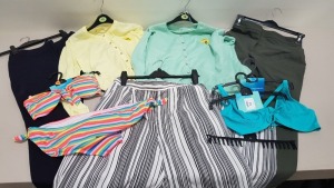 FULL PALLET OF CLOTHING CONTAINING GEORGE CARDIGANS IN VARIOUS COLOURS AND SIZES, BLACK HANDBAGS, NAVY TROUSERS, KHAKI TROUSERS AND BLACK VESTS AND ORANGE CHINOS ETC
