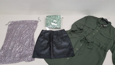 FULL PALLET OF VARIOUS ITEMS OF CLOTHING IE TOPSHOP DENIM JACKETS, TOPSHOP JONI BLACK DENIM JEANS, TOPSHOP SNAKE SKIN STYLED HANDBAGS, TOPSHOP SEQUENED DRESSES, TOPSHOP HACKNEY BLACK HEELED ANKLE BOOTS AND DOROTHY PERKINS LONG GREEN DRESSES ETC