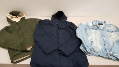 FULL PALLET OF VARIOUS ITEMS OF CLOTHING IE BURTON MENSWEAR FAUX FUR PUFFER JACKET, SHEEP SKIN STYLED KHAKI COATS, BLACK TOPMAN PUFFER JACKETS, BURTON MENSWEAR DENIM JACKETS AND, BURTON GREY FAUX FUR HOODED COATS ETC (NOTE SORE PULLS & SOME ITEMS HAVE SEC