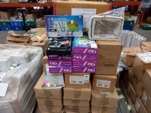 FULL PALLET OF MIXED STATIONARY ITEMS IE TTS BREATHING AND LUNGS INVESTIGATION KIT, IGLOO BOOKS, WOODEN SPRING STANDS, EXERCISE BALLS, HAIR THICKNER AND A WICKER BASKET