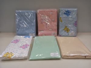 100 X BRAND NEW LORD OF LINENS FLANNEL COT SHEETS IN ASSORTED COLOURS 100 X 150CM IN 5 BOXES