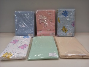 100 X BRAND NEW LORD OF LINENS FLANNEL COT SHEETS IN ASSORTED COLOURS 100 X 150CM IN 5 BOXES