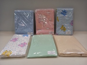 100 X BRAND NEW LORD OF LINENS FLANNEL COT SHEETS IN ASSORTED COLOURS 100 X 150CM IN 5 BOXES