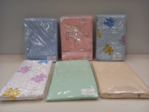 100 X BRAND NEW LORD OF LINENS FLANNEL COT SHEETS IN ASSORTED COLOURS 100 X 150CM IN 5 BOXES