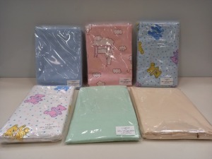 150 X BRAND NEW LORD OF LINENS FLANNEL COT SHEETS IN ASSORTED COLOURS 100 X 150CM IN 2 BOXES