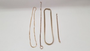 4 PIECE LOT CONTAINING 3 X GOLD COLOURED NECKLACES AND 1 X GOLD COLOURED BRACELET. (NO VISABLE STAMPS)