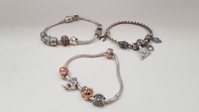 3 X PANDORA STYLED BRACELETS WITH VARIOUS CHARMS
