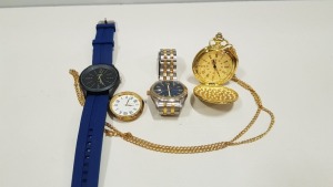 4 X VARIOUS WATCHES IE DWC, SEKONDA, GOLD COLOURED FOB WATCH AND SILKON(NO STRAP).