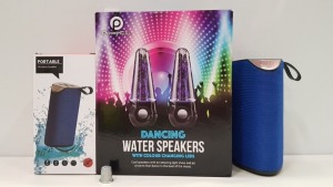 27 PIECE MIXED SPEAKER LOT CONTAINING 25 X GT111 PORTABLE WIRELESS SPEAKER WITH EXTRA BASS AND 2 X POWERFUL DANCING WATER SPEAKERS WITH COLOUR CHANGING LED