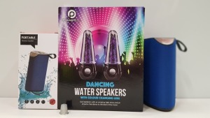 27 PIECE MIXED SPEAKER LOT CONTAINING 25 X GT111 PORTABLE WIRELESS SPEAKER WITH EXTRA BASS AND 2 X POWERFUL DANCING WATER SPEAKERS WITH COLOUR CHANGING LED