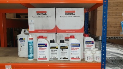 180 X TRADE LOT CONTAINING LARGE AMOUNT OF SOUDAL PROFESSIONAL SEALANT AND ADHESIVE IN WHITE, FERNOX