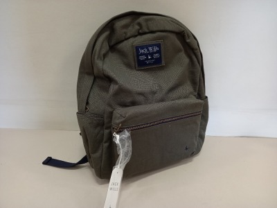 8 X BRAND NEW JACK WILLS STANLEY CANVAS BACKPACKS IN KHAKI WITH SWING TICKETS RRP £44.95 EACH TOTAL £359.60 IN 1 BOX