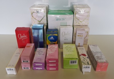 29 PIECE ASSORTED PERFUME LOT CONTAINING ELIZABETH ARDEN GREEN TEA GIFT SET, VICTORIAS SECRET SHEER LOVE, PURE GOLD, ADIDAS GET READY!, LOVE 2 LOVE, MISS TUTU ETC (PLEASE NOTE BOXES ARE SLIGHTLY DAMAGED)