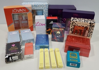 20 PIECE ASSORTED LOT CONTAINING VARIOUS GIFT SETS, BLUE EYES, I LOVE JUICY COUTURE, JUDITH LEIBER EXOTIC CORAL POLICE TO BE, OXYGENE LANVIN ETC (PLEASE NOTE BOXES SLIGHTLY DAMAGED)