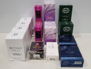 20 PIECE ASSORTED PERFUME LOT CONTAINING I LOVE JUICY COUTURE, GUESS GIRL BELLE, VICTORIAS SECRET NIGHT JASMINE, BEYONCE HEAT, CK ONE ETC (PLEASE NOTE BOXES SLIGHTLY DAMAGED).