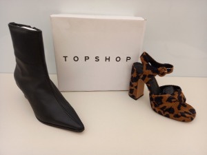 14 PIECE MIXED TOPSHOP SHOE LOT CONTAINING RIPPLE TRUE LEOPARD SHOES UK SIZE 6 AND 3 RRP £49.00 AND MAILE BLACK SHOES UK SIZE 4, 5 AND 6 RRP £49.00 (TOTAL RRP £686.00)