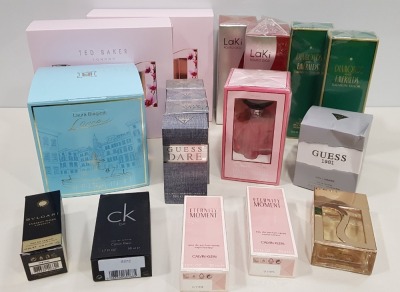 18 PIECE ASSORTED LOT CONTAINING GUESS DARE, LAURA BIAGIOTTI, TED BAKER GIFT SETS, LAKI ROMEO GIGU, DIAMONDS AND EMERALDS, CALVIN KLEIN ETC (PLEASE NOTE BOXES SLIGHTLY DAMAGED)