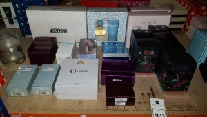 21 PIECE ASSORTED PERFUME LOT CONTAINING CURIOUS BRITNEY SPEARS, TED BAKER GIFT SETS, MOSHINO GIFT SET, EUPHORIA, ELIZABETH ARDEN MEDITERRANEAN, OSCENT, RIRI KISS ETC (PLEASE NOTE BOXES SLIGHTLY DAMAGED)