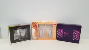 14 PIECE ASSORTED GIFT SET LOT CONTAINING 10 X JLO GLOW GIFT SETS, 2 X DAVID BECKHAM RESPECT GIFT SETS AND 2 X LIFE BY SPRIT GIFT SETS. (PLEASE NOTE BOXES SLIGHTLY DAMAGED)