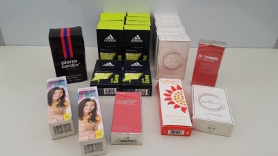 23 PIECE ASSORTED PERFUME LOT CONTAINING BY INVITATION BY MICHAEL BUBLE, ADIDAS, JILSANDER EVEROSE, ICARLY, PIERRE CARDIN AND ELIZABETH ARDEN SUNFLOWERS. (PLEASE NOTE BOXES SLIGHTLY DAMAGED)