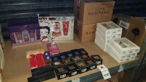 56 PIECE ASSORTED PERFUME LOT CONTAINING RAMPAGE GIFT SETS, BETTY BOOP GIFT SET, LIFE BY SPRIT GIFT SET, BVLGARI SPLENDIDA, VIVA ETC (PLEASE NOTE BOXES ARE DAMAGED)