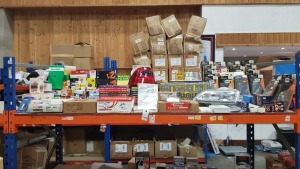 FULL BAY CONTAINING LARGE QUANTITY OF ASSORTED CAR PARTS INCLUDING SELF -ADHESIVE CAR REPLACEMENT MIRRORS, VARIOUS FILTERS, CAR MANUALS, HEAD LAMPS, DRIVE SHAFT BOOT KIT, SUMP PLUGS, BRAKE LIGHTS, BRAKE WHEEL CYLINDERS ETC