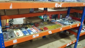 LARGE QUANTITY ASSORTED TOOL LOT CONTAINING VARIOUS SPANNERS, SCREWDRIVERS, BULBS ETC - ON ONE SHELF